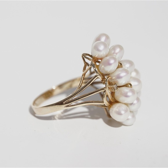 Vintage 14k Solid Yellow Gold Real Pearl & Natural Diamond Ring - Luster Cluster - Picture 10 of 12